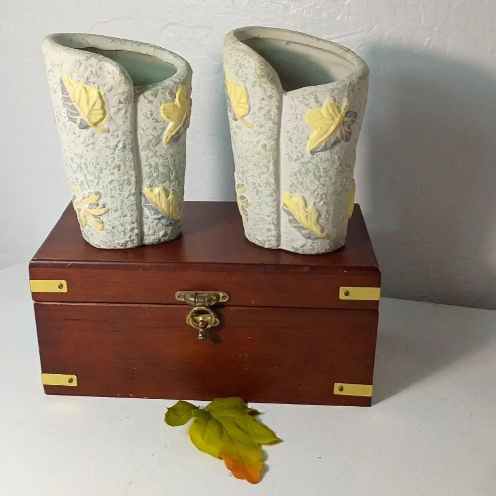 Handcrafted White Ceramic Vases with Yellow Leaves, Handpainted Clay Pottery